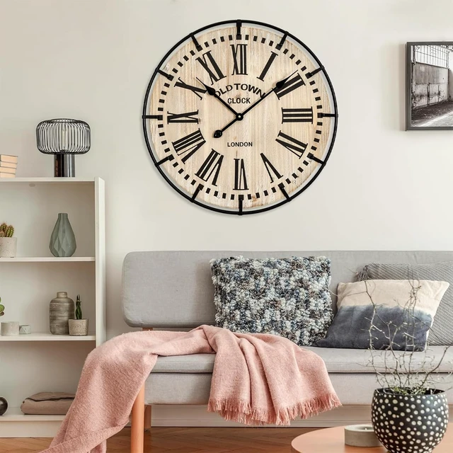 Alt view image 6 of 7 - Rustic Farmhouse Wall Clock 24 Inch, Vintage Oldtown London Wooden Large Clock with Silent Tick, for Bedroom, Office, Kitchen, Indoor Home Decoration