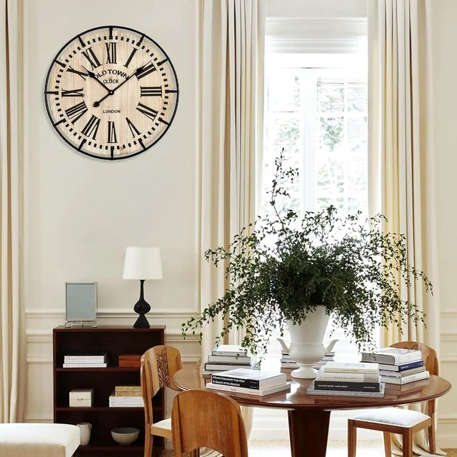 Alt view image 7 of 7 - Rustic Farmhouse Wall Clock 24 Inch, Vintage Oldtown London Wooden Large Clock with Silent Tick, for Bedroom, Office, Kitchen, Indoor Home Decoration