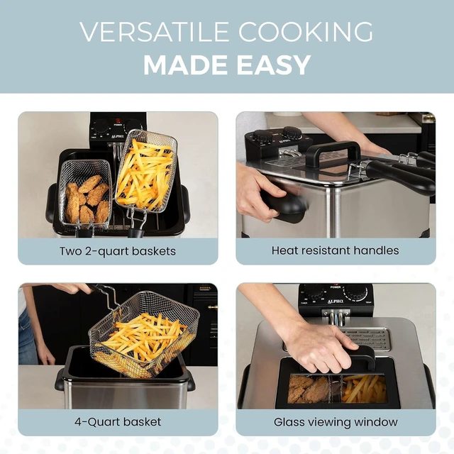 Alt view image 6 of 7 - Electric Deep Fryer 4.5L Deep Fryer with Basket with 2-Quart and 4-Quart Baskets High-Grade Stainless Steel Temperature Control and Timer Ideal for Fried Chicken, Fries