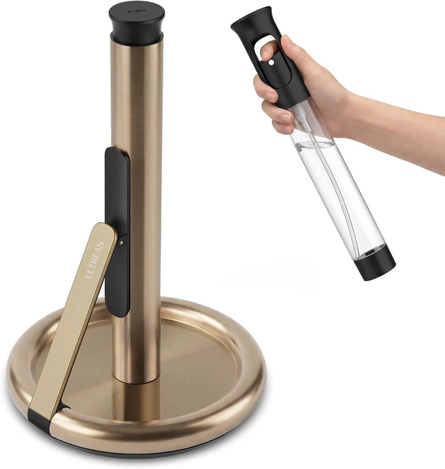Main image of Paper Towel Holder with Spray Bottle, Countertop Freestanding Paper Towel Dispenser with Spring-Loaded Tension Arm for One-Handed Tear, Weighted Non-Slip Base, Stainless Steel for Kitchen,Gold