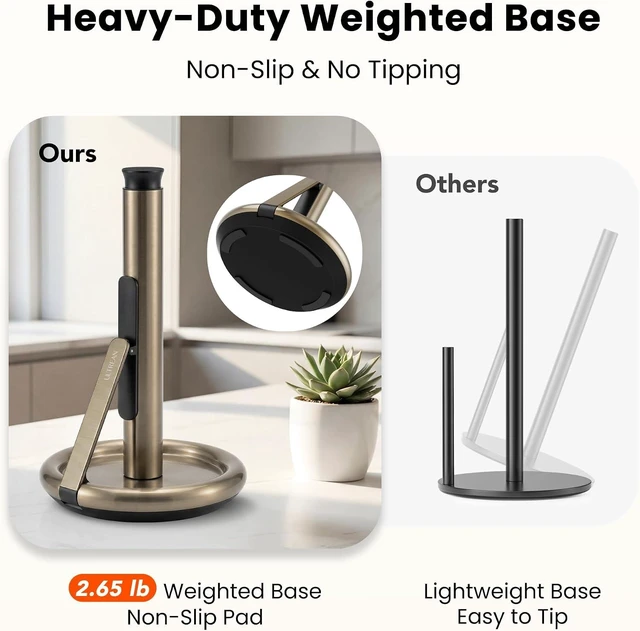 Alt view image 2 of 7 - Paper Towel Holder with Spray Bottle, Countertop Freestanding Paper Towel Dispenser with Spring-Loaded Tension Arm for One-Handed Tear, Weighted Non-Slip Base, Stainless Steel for Kitchen,Gold