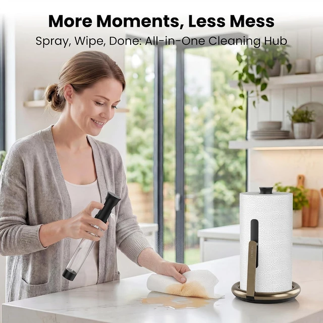 Alt view image 3 of 7 - Paper Towel Holder with Spray Bottle, Countertop Freestanding Paper Towel Dispenser with Spring-Loaded Tension Arm for One-Handed Tear, Weighted Non-Slip Base, Stainless Steel for Kitchen,Gold
