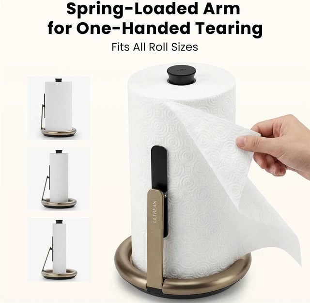 Alt view image 5 of 7 - Paper Towel Holder with Spray Bottle, Countertop Freestanding Paper Towel Dispenser with Spring-Loaded Tension Arm for One-Handed Tear, Weighted Non-Slip Base, Stainless Steel for Kitchen,Gold