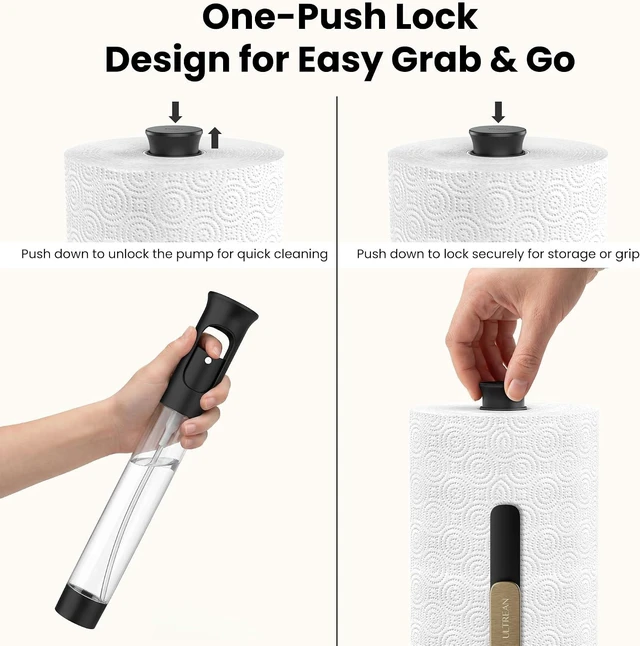 Alt view image 6 of 7 - Paper Towel Holder with Spray Bottle, Countertop Freestanding Paper Towel Dispenser with Spring-Loaded Tension Arm for One-Handed Tear, Weighted Non-Slip Base, Stainless Steel for Kitchen,Gold
