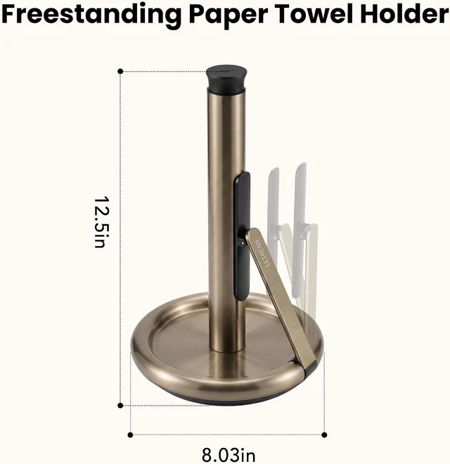 Alt view image 7 of 7 - Paper Towel Holder with Spray Bottle, Countertop Freestanding Paper Towel Dispenser with Spring-Loaded Tension Arm for One-Handed Tear, Weighted Non-Slip Base, Stainless Steel for Kitchen,Gold