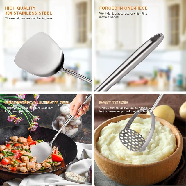 Alt view image 3 of 6 - Stainless Steel Kitchen Utensils Set 18 10 Stainless Steel Cooking Utensils Set - 12 PCS Large Metal Cooking Utensil Tools Set