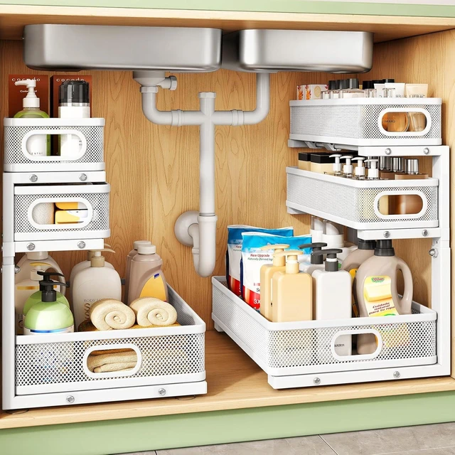 Main image of Under Sink Organizer, 2-Pack 3-Tier Height Adjustable Thickened Metal Pull out Cabinet Organizer Shelf, Slide out Storage Drawer Rack for Bathroom Kitchen Pantry Home Laundry Organization