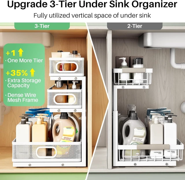 Alt view image 4 of 7 - Under Sink Organizer, 2-Pack 3-Tier Height Adjustable Thickened Metal Pull out Cabinet Organizer Shelf, Slide out Storage Drawer Rack for Bathroom Kitchen Pantry Home Laundry Organization