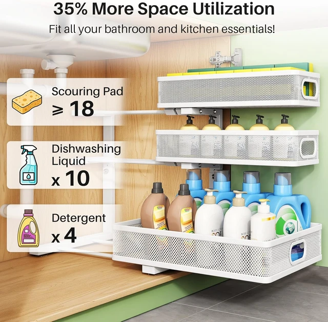 Alt view image 5 of 7 - Under Sink Organizer, 2-Pack 3-Tier Height Adjustable Thickened Metal Pull out Cabinet Organizer Shelf, Slide out Storage Drawer Rack for Bathroom Kitchen Pantry Home Laundry Organization