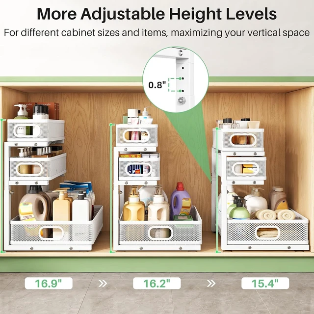 Alt view image 6 of 7 - Under Sink Organizer, 2-Pack 3-Tier Height Adjustable Thickened Metal Pull out Cabinet Organizer Shelf, Slide out Storage Drawer Rack for Bathroom Kitchen Pantry Home Laundry Organization