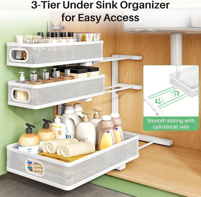 Alt view image 7 of 7 - Under Sink Organizer, 2-Pack 3-Tier Height Adjustable Thickened Metal Pull out Cabinet Organizer Shelf, Slide out Storage Drawer Rack for Bathroom Kitchen Pantry Home Laundry Organization
