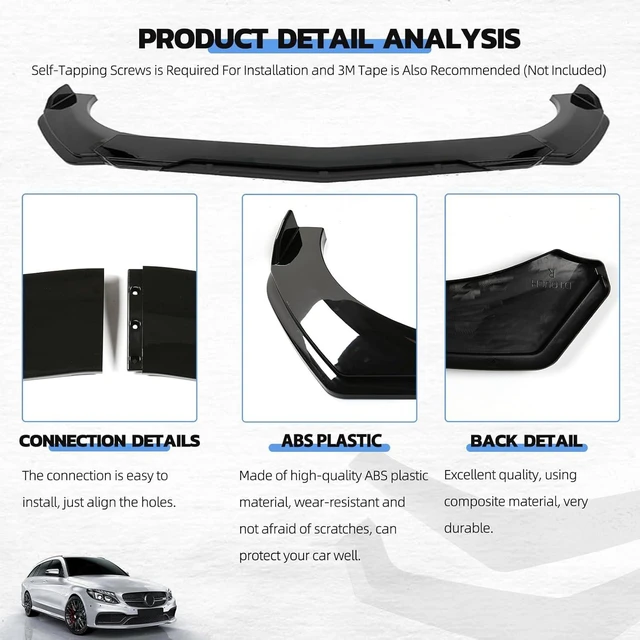 Alt view image 3 of 7 - Universal Front Lip for Car,Glossy Black Front Bumper Lip, ABS Adjustable Sharp Corner Front Bumper Lip Splitter Protector Replacement for Most Vehicle (Glossy Black w/Black)