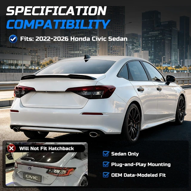 Alt view image 2 of 7 - Basalt Auto Compatible with 2022-2026 Honda Civic Sedan Rear Trunk Spoiler Wing, Glossy Black Sport Style Trunk Spoiler Lip, Aerodynamic Rear Wing Accessories for 11th Gen Civic Sedan