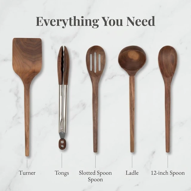 Alt view image 3 of 7 - Walnut Wooden Cooking Utensil Set, 5-Pc Kitchen Accessories