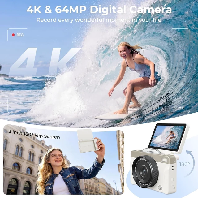 Alt view image 2 of 7 - 4K Digital Camera for Photography, 2026 Latest 64MP Autofocus WiFi Vlogging Camera for YouTube, 3'' 180° Flip Screen Compact Travel Cameras for Beginners with 16X Zoom, 32GB TF Card, Flash (White)