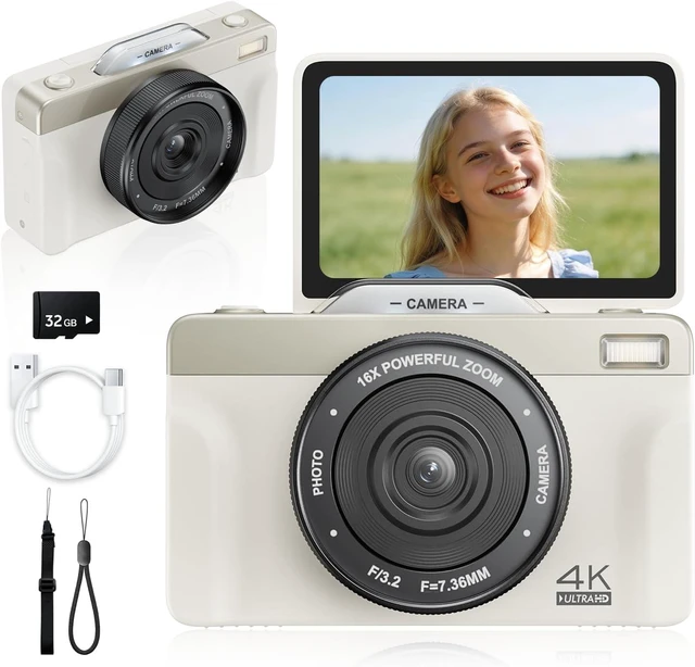 Main image of 4K Digital Camera for Photography, 2026 Latest 64MP Autofocus WiFi Vlogging Camera for YouTube, 3'' 180° Flip Screen Compact Travel Cameras for Beginners with 16X Zoom, 32GB TF Card, Flash (White)