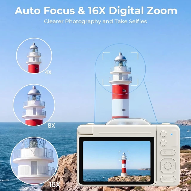 Alt view image 3 of 7 - 4K Digital Camera for Photography, 2026 Latest 64MP Autofocus WiFi Vlogging Camera for YouTube, 3'' 180° Flip Screen Compact Travel Cameras for Beginners with 16X Zoom, 32GB TF Card, Flash (White)