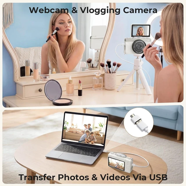 Alt view image 6 of 7 - 4K Digital Camera for Photography, 2026 Latest 64MP Autofocus WiFi Vlogging Camera for YouTube, 3'' 180° Flip Screen Compact Travel Cameras for Beginners with 16X Zoom, 32GB TF Card, Flash (White)
