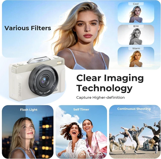 Alt view image 5 of 7 - 4K Digital Camera for Photography, 2026 Latest 64MP Autofocus WiFi Vlogging Camera for YouTube, 3'' 180° Flip Screen Compact Travel Cameras for Beginners with 16X Zoom, 32GB TF Card, Flash (White)