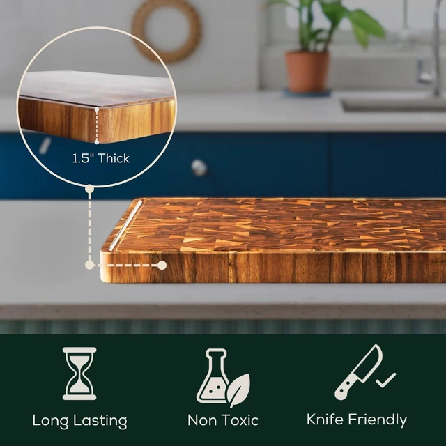 Alt view image 2 of 7 - Medium (M) Acacia End Grain Cutting Board, Reversible, Knife-Friendly Charcuterie Wood Cutting Board with Juice Groove & Handles, Non-Toxic, Gift Box Included (17"x13"x1.5")