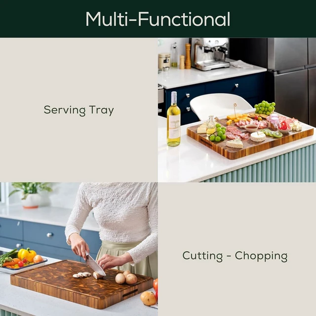 Alt view image 5 of 7 - Medium (M) Acacia End Grain Cutting Board, Reversible, Knife-Friendly Charcuterie Wood Cutting Board with Juice Groove & Handles, Non-Toxic, Gift Box Included (17"x13"x1.5")