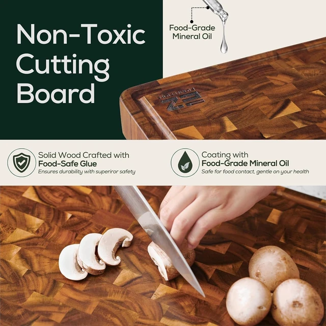 Alt view image 4 of 7 - Medium (M) Acacia End Grain Cutting Board, Reversible, Knife-Friendly Charcuterie Wood Cutting Board with Juice Groove & Handles, Non-Toxic, Gift Box Included (17"x13"x1.5")