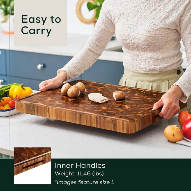 Alt view image 7 of 7 - Medium (M) Acacia End Grain Cutting Board, Reversible, Knife-Friendly Charcuterie Wood Cutting Board with Juice Groove & Handles, Non-Toxic, Gift Box Included (17"x13"x1.5")