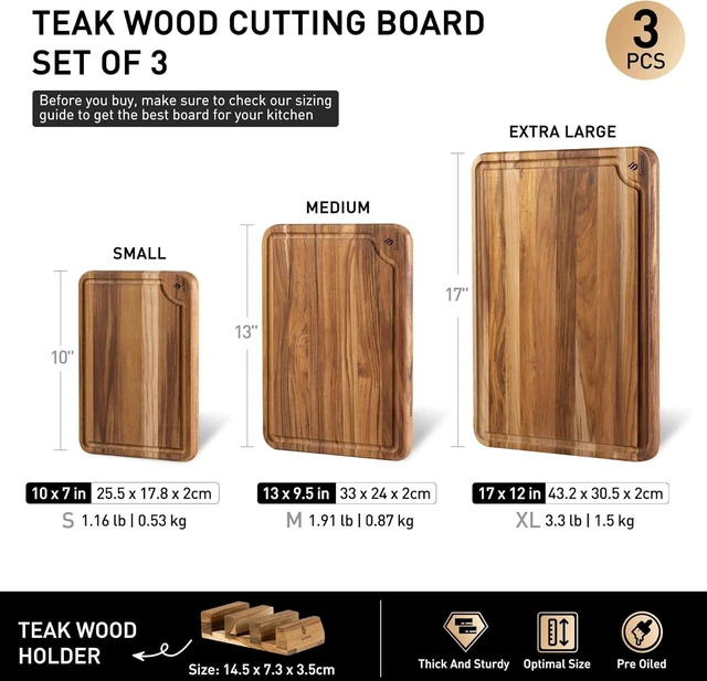 Alt view image 3 of 7 - 3 Pack Teak Cutting Boards for Kitchen Wood Wooden Cutting Boards Non Toxic