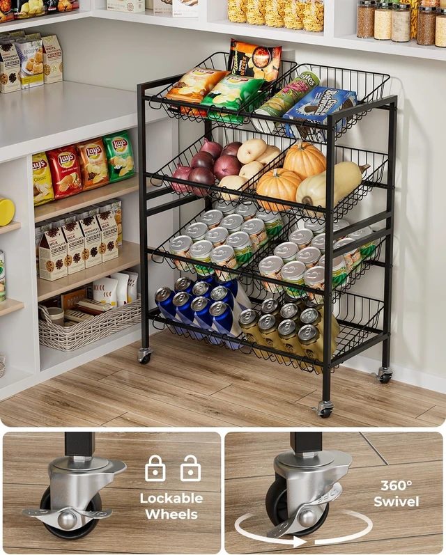 Alt view image 4 of 7 - 25.2" W Kitchen Storage Cart, 4-Tier Snack Cart with Wheels