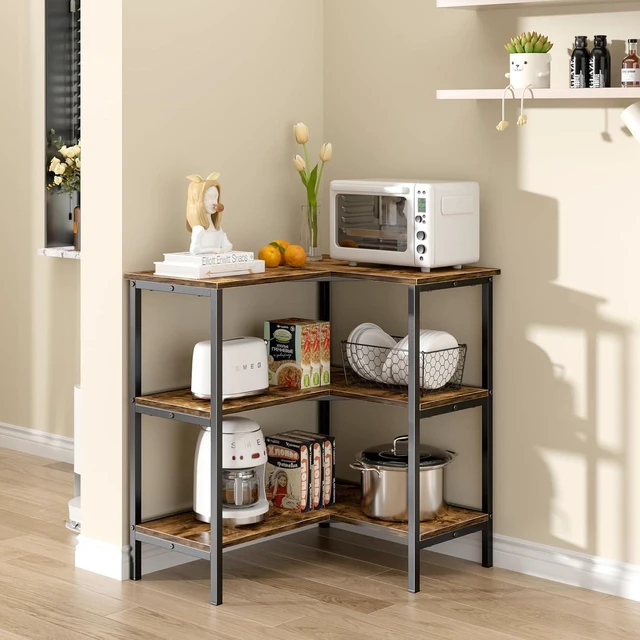 Alt view image 7 of 7 - Corner Cabinet Table with 3 Tier Open Shelf, Multipurpose Display Organizer Storage Stand for Small Space Home Office Kitchen, Brown