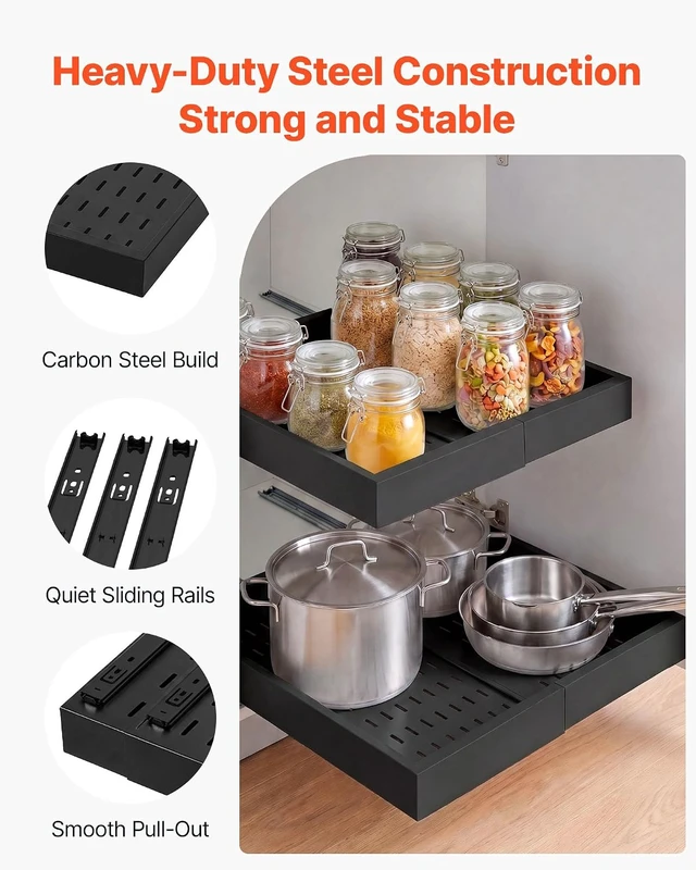 Alt view image 4 of 7 - Pull Out Cabinet Organizer, 4 Pack Expandable Width (12.2"-18.9"), 20.47" Deep Pull Out Drawers for Cabinets, Sliding Drawer for Kitchen Pantry Cabinet Organizer with Nano Adhesive Strips, Black