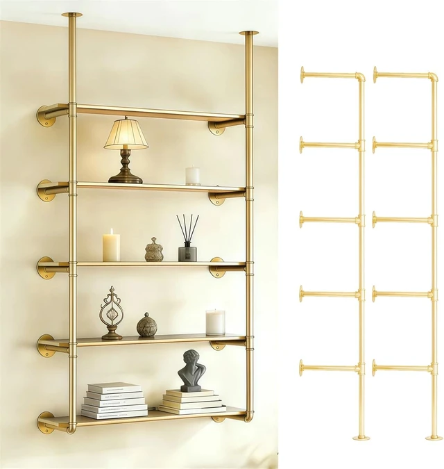 Main image of Gold Industrial Wall Mount Iron Pipe Shelf Bracket,DIY Open Bookshelf,Storage Shelves, Ceiling hung Shelves for Home Kitchen Bathroom Living Room Office(2PcsX5Tier,70" Tall,12"deep,Hardware Only)