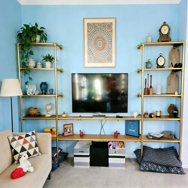 Alt view image 2 of 7 - Gold Industrial Wall Mount Iron Pipe Shelf Bracket,DIY Open Bookshelf,Storage Shelves, Ceiling hung Shelves for Home Kitchen Bathroom Living Room Office(2PcsX5Tier,70" Tall,12"deep,Hardware Only)