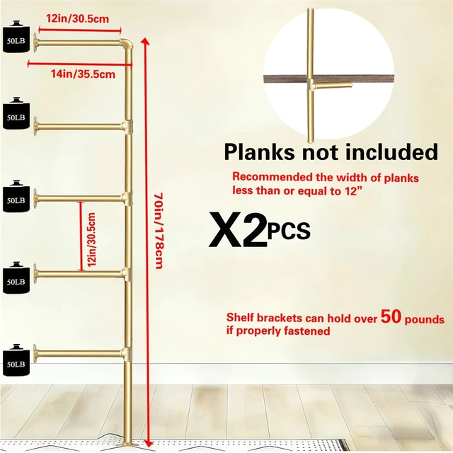 Alt view image 3 of 7 - Gold Industrial Wall Mount Iron Pipe Shelf Bracket,DIY Open Bookshelf,Storage Shelves, Ceiling hung Shelves for Home Kitchen Bathroom Living Room Office(2PcsX5Tier,70" Tall,12"deep,Hardware Only)