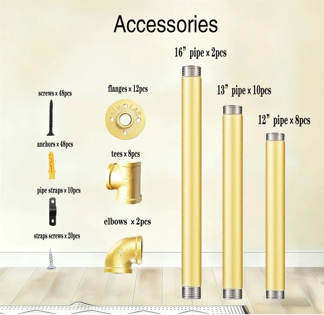 Alt view image 4 of 7 - Gold Industrial Wall Mount Iron Pipe Shelf Bracket,DIY Open Bookshelf,Storage Shelves, Ceiling hung Shelves for Home Kitchen Bathroom Living Room Office(2PcsX5Tier,70" Tall,12"deep,Hardware Only)