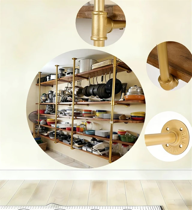 Alt view image 6 of 7 - Gold Industrial Wall Mount Iron Pipe Shelf Bracket,DIY Open Bookshelf,Storage Shelves, Ceiling hung Shelves for Home Kitchen Bathroom Living Room Office(2PcsX5Tier,70" Tall,12"deep,Hardware Only)