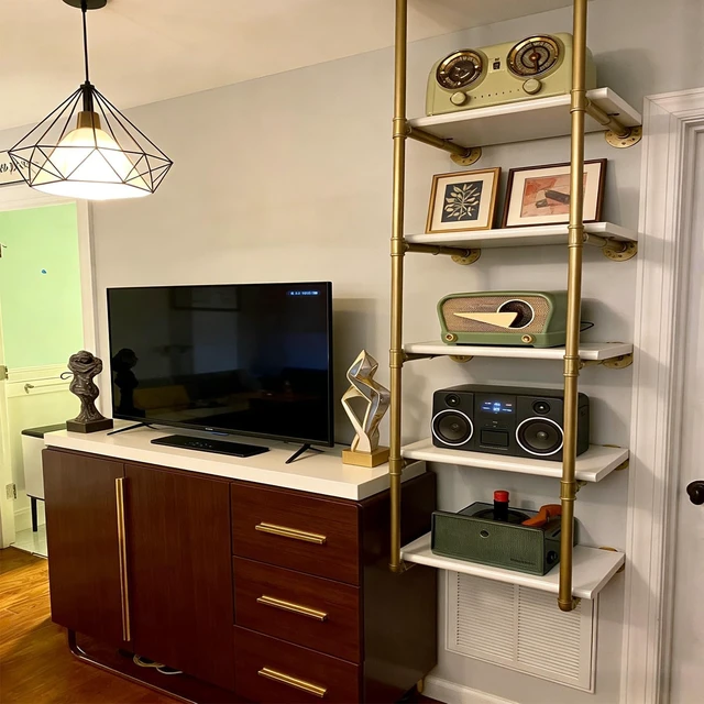 Alt view image 7 of 7 - Gold Industrial Wall Mount Iron Pipe Shelf Bracket,DIY Open Bookshelf,Storage Shelves, Ceiling hung Shelves for Home Kitchen Bathroom Living Room Office(2PcsX5Tier,70" Tall,12"deep,Hardware Only)