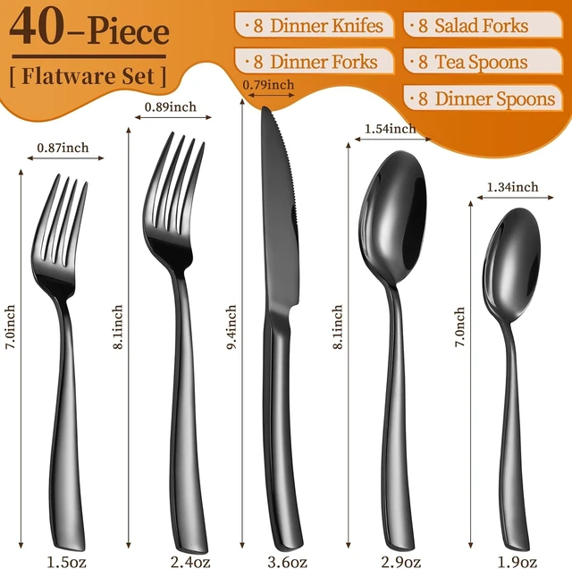 Alt view image 2 of 6 - 40-Piece Black Silverware Set, Heavy Duty Stainless Steel Flatware Cutlery Set Service for 8, Food-Grade Utensil Sets for Home Restaurant, Dishwasher Safe