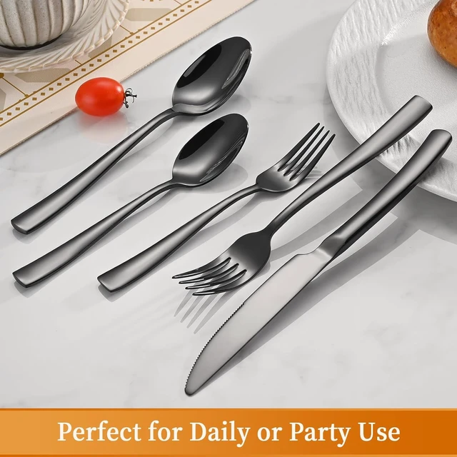 Alt view image 5 of 6 - 40-Piece Black Silverware Set, Heavy Duty Stainless Steel Flatware Cutlery Set Service for 8, Food-Grade Utensil Sets for Home Restaurant, Dishwasher Safe