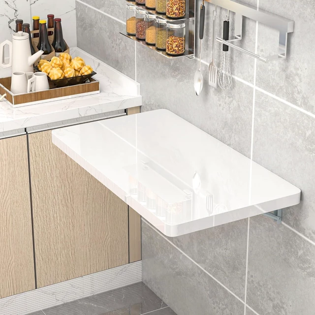 Main image of White Wall Mounted High Gloss Folding Table 23.6" L x 15.7" W, Laundry Folding Table for Laundry Room, Home Office, Kitchen, Bedroom, Home Bar, Wall Desk Fold Down for Small Spaces