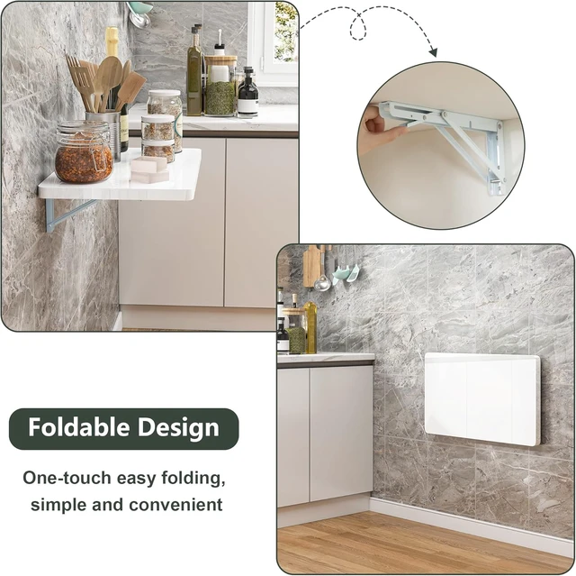 Alt view image 3 of 7 - White Wall Mounted High Gloss Folding Table 23.6" L x 15.7" W, Laundry Folding Table for Laundry Room, Home Office, Kitchen, Bedroom, Home Bar, Wall Desk Fold Down for Small Spaces