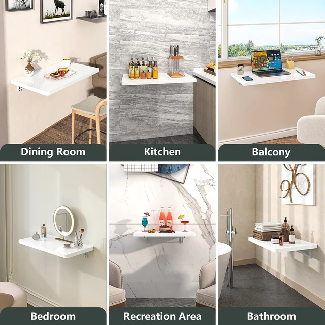 Alt view image 5 of 7 - White Wall Mounted High Gloss Folding Table 23.6" L x 15.7" W, Laundry Folding Table for Laundry Room, Home Office, Kitchen, Bedroom, Home Bar, Wall Desk Fold Down for Small Spaces
