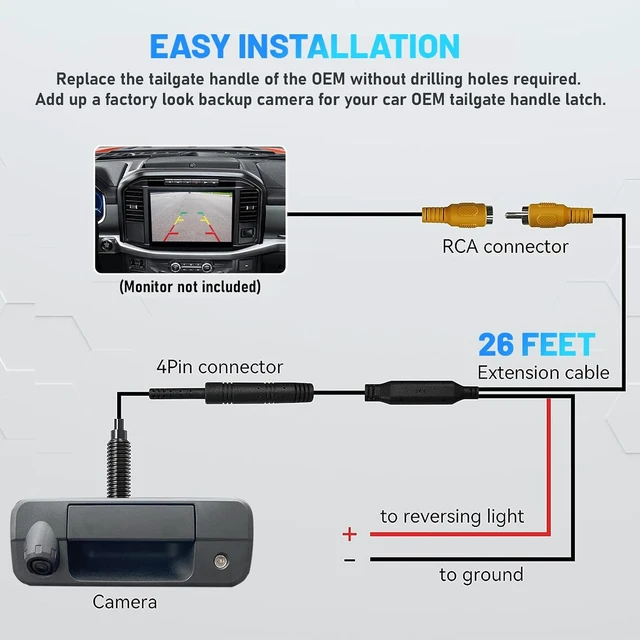 Alt view image 5 of 7 - Tailgate Handle Backup Camera for 2009-2017 Dodge Ram 1500 2500 3500, Replacement Locking Tailgate Liftgate Latch Door Handle Rear View Reverse Back Up Camera RCA Connector with Key Hole