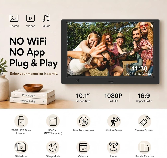Alt view image 2 of 7 - 10.1-Inch 1080P IPS Digital Picture Frame, No WiFi or App Required