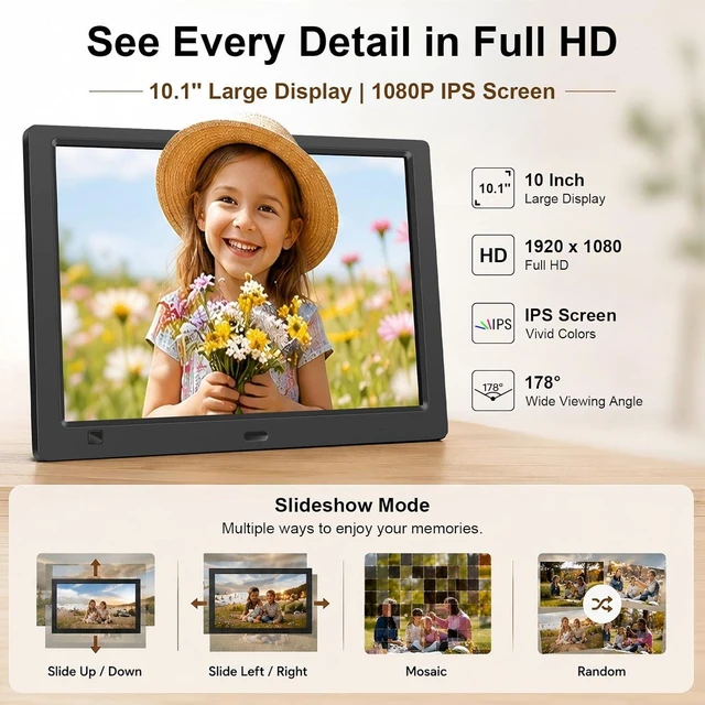 Alt view image 6 of 7 - 10.1-Inch 1080P IPS Digital Picture Frame, No WiFi or App Required