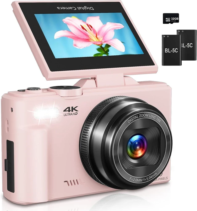 Main image of Digital Camera for Photography, 4K Vlogging Camera for YouTube 3" 180° Flip Screen 18X Digital Zoom Compact Cameras with 32GB TF Card & 2 Batteries, Pink