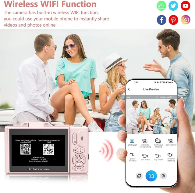 Alt view image 3 of 7 - Digital Camera for Photography, 4K Vlogging Camera for YouTube 3" 180° Flip Screen 18X Digital Zoom Compact Cameras with 32GB TF Card & 2 Batteries, Pink