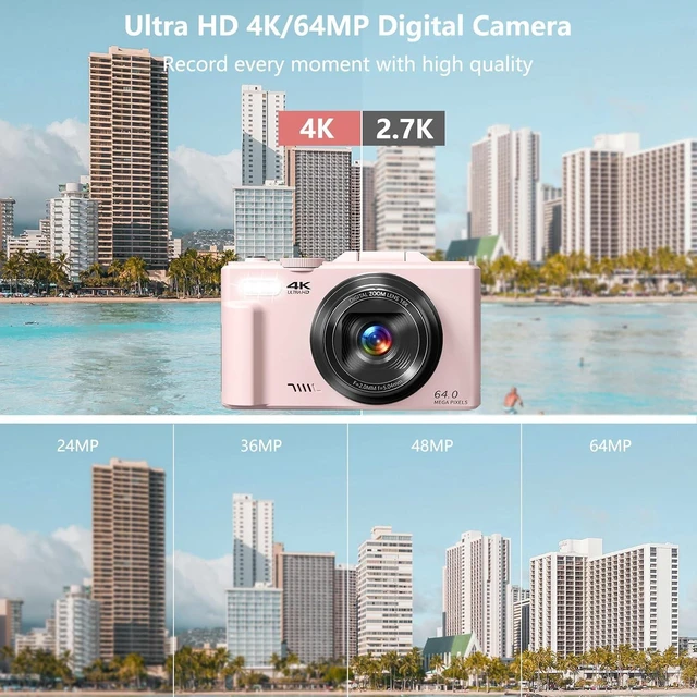 Alt view image 2 of 7 - Digital Camera for Photography, 4K Vlogging Camera for YouTube 3" 180° Flip Screen 18X Digital Zoom Compact Cameras with 32GB TF Card & 2 Batteries, Pink