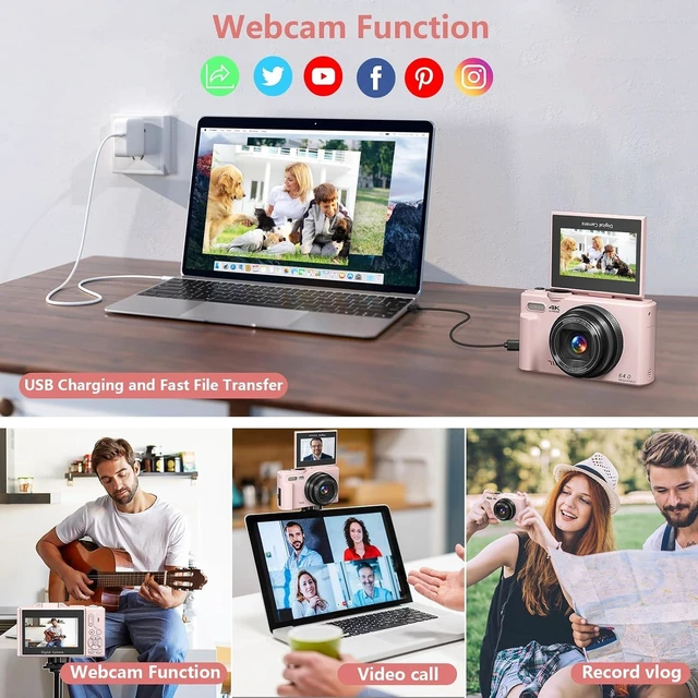 Alt view image 6 of 7 - Digital Camera for Photography, 4K Vlogging Camera for YouTube 3" 180° Flip Screen 18X Digital Zoom Compact Cameras with 32GB TF Card & 2 Batteries, Pink