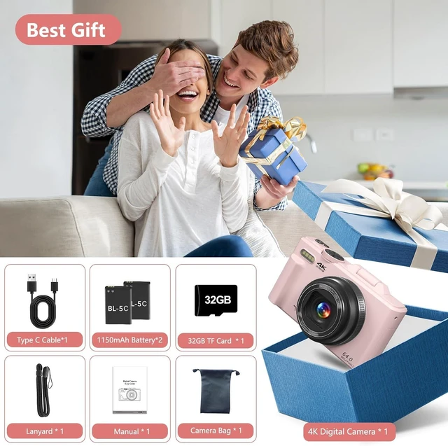 Alt view image 7 of 7 - Digital Camera for Photography, 4K Vlogging Camera for YouTube 3" 180° Flip Screen 18X Digital Zoom Compact Cameras with 32GB TF Card & 2 Batteries, Pink